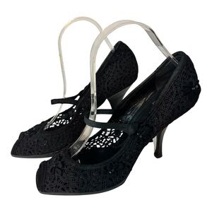 Casadei Black Lace Floral Applique Peep Toe Mary Jane Stiletto Heels Women’s 7